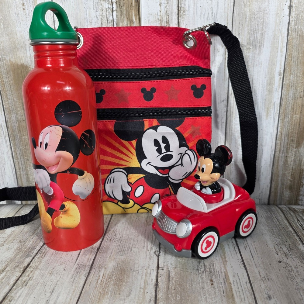 Disney Mickey Mouse Red Crossbody Bag Water Bottle and Toy Car Bundle 3pc Set - Picture 4 of 7